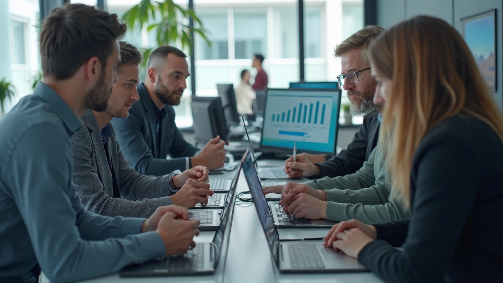 Профессиональная фотография команды специалистов по цифровым технологиям, обсуждающих проекты в современном офисе