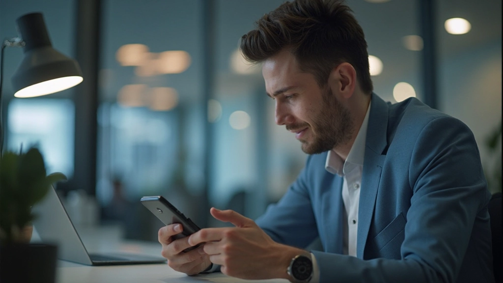 Профессиональная фотография молодого человека, использующего смартфон с современным интерфейсом цифровых приложений